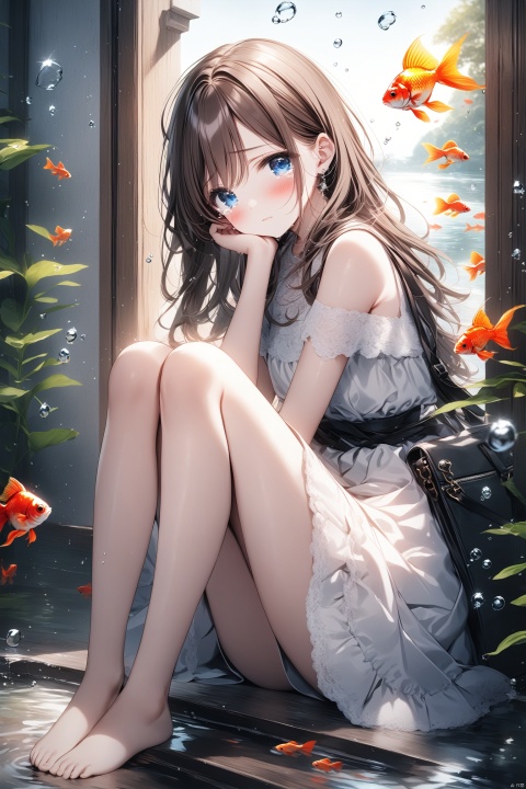  (masterpiece),(best quality),illustration,ultra detailed,hdr,Depth of field,(colorful),[Artist misumi (macaroni)],[iumu],[Artist chen bin], 1girl, solo, fish, blue eyes, barefoot, looking at viewer, long hair, sitting, blush, goldfish, knees up, dress, brown hair, white dress, water, tears, short sleeves, bag, window, full body, closed mouth, shirt, sleeveless, skirt