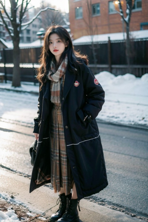  1girl,long hair, Winter clothing, college style,plaid skirt,full body,thick coat, cotton-padded jacket, plaid scarf, on the way home, snow, snow,outdoor,Master lens, golden ratio composition, (Canon 200mm f2.8L) shooting, large aperture, background blur., chinese woman,sunlight., plns, 1 girl