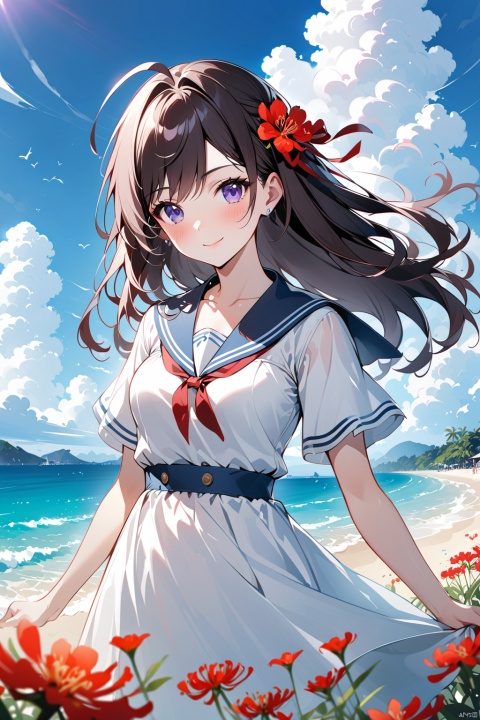  1girl, solo, dress, flower, long_hair, looking_at_viewer, white_dress, bangs, ahoge, short_sleeves, outdoors, closed_mouth, hair_between_eyes, sky, spider_lily, breasts, ribbon, pink_hair, purple_eyes, day, medium_breasts, sailor_dress, cloud, blue_sky, sailor_collar, blurry_foreground, red_flower, blurry, blush, hair_ribbon, bug, jiqing, babata, maolilan, (\MBTI\),maolilan,1girl,long hair,breasts,looking at viewer,smile,blue eyes,brown hair,dress,medium breasts,collarbone,outdoors,sky,cloud,dark skin,water,white dress,blue sky,sleeveless dress,ocean,beach,sand,sun,sundress
, 1 girl, (\shen ming shao nv\), Anne Hathaway, tr mini style