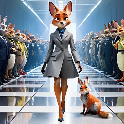  Zootopia,Humanized animals, dressed in Dior runway fashion and shoes, milan fashion week, Movie poster style, fox and rabbit, characters and style of Zootopia,Dynamic capture of runway shows,high-end design style,Pure gray mirrored texture flooring,16K , gmlm