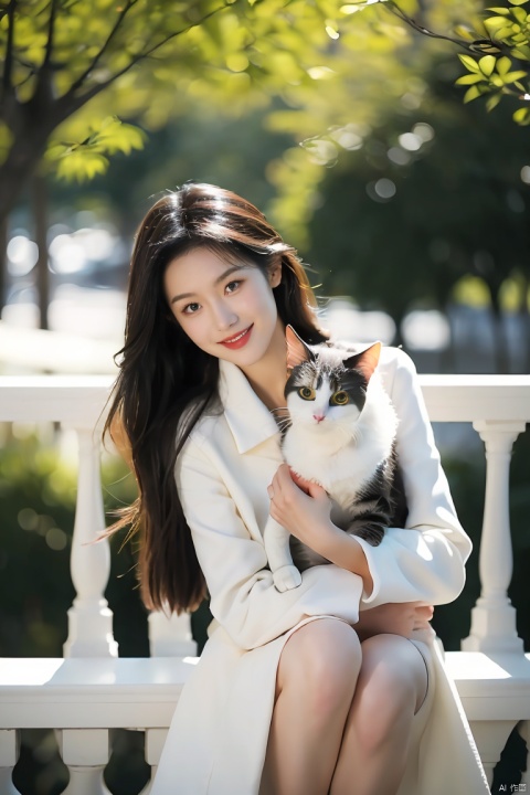  The image features a beautiful young Asian woman with long, dark hair sitting on a balcony with a cat in the background. The woman is looking into the camera with a smile on her face, her eyes sparkling with joy and contentment. Her hair is neatly styled and her makeup is natural yet enhance her features. She wears a black coat that complements her skin tone. The lighting in the image is natural and warm, casting a soft glow on the woman and the surrounding environment. The colors in the image are vibrant and rich, with the blue sky and green trees in the background providing a beautiful contrast to the woman and the cat. The style of the image is casual yet elegant, with the woman's outfit and the setting creating a relaxed and comfortable atmosphere. The quality of the image is excellent, with sharp details and smooth transitions between colors and tones. The woman's action in the image is sitting and smiling, with her hands resting on the railing. Her posture and facial expression convey a sense of happiness and contentment, as if she is enjoying a peaceful and pleasant moment. The woman's expression and the overall atmosphere of the image suggest a sense of relaxation and enjoyment. She seems to be in a good mood, perhaps enjoying a leisurely day or spending time with her cat. The image captures a moment of tranquility and happiness, making it a beautiful and memorable scene.,Film Photography