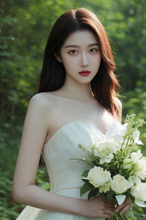  (realistic), (hyperrealism),best quality, masterpiece,ultra high res, (photorealistic:1.4),1girl,pale skin,skinny,(looking at viewer:2), ,forest, flowers, sunlight,
 , (tattered) wedding dress , bare shoulders, upper body,