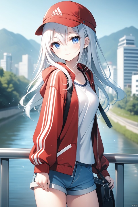  1girl, solo,
blue eyes, white hair, (long hair), hair between eyes, medium breasts, 
white_blouse, open_track_jacket, hood_down, adidas, denim_shorts, fisherman hat, shoulder_bag, watch, leaning against fence, 
looking at viewer, light smile, looking back,
blurry background, river, cityscape,
masterpiece,bestquality,[Artist miwano rag],[Artist toosaka asagi],[Artist wlop],[iumu], omochi_monaka, tr mini style, 3DIP