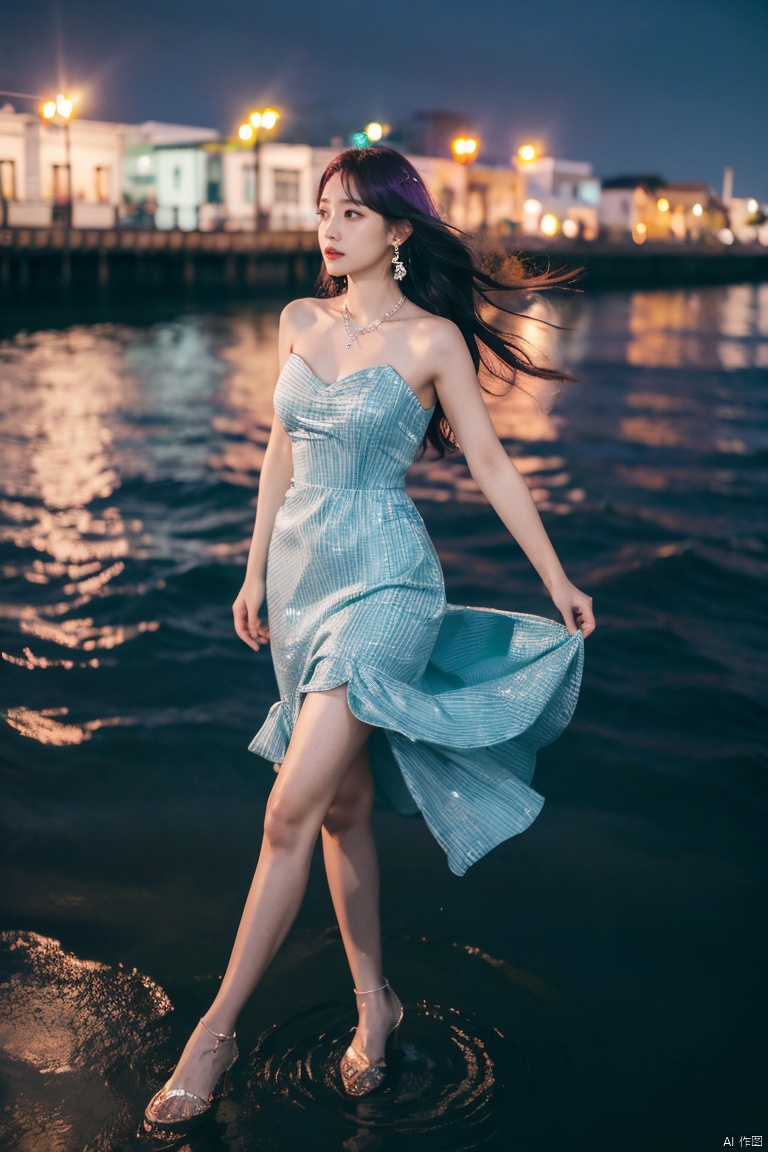  ((4k,masterpiece,best quality)), professional camera, 8k photos, wallpaper,luokeke,
1girl, solo, long hair, black hair, (dress:1.3), bare shoulders, jewelry, eyes, earrings, outdoors, sky, sparkle_water, necklace, dress, lips, sparkle, night, floating hair, wind, red lips,
Seaside, sea, blue water, glowing water, rippling water,, yuechan, purple hair, luokeke