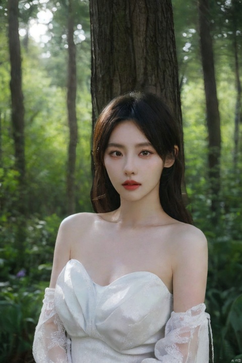  (realistic), (hyperrealism),best quality, masterpiece,ultra high res, (photorealistic:1.4),1girl,pale skin,skinny,(looking at viewer:2), ,forest, flowers, sunlight,
 , (tattered) wedding dress , bare shoulders, upper body,