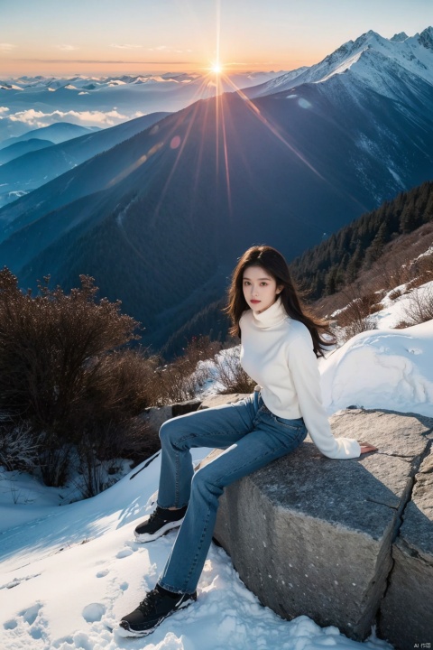  (1 girl:1.2),long hair,white turtleneck,jeans,white hats,full body,golden sunlight shining on the top of the mountain,(magnificent scene of mountains at sunset:1.2),(emphasizing how light changes the colors and textures of the mountains:1.1),creating a picture full of power and serenity,snow-capped peaks,mountains,(warm lighting:1.2),sea of clouds,shining eyes,beautiful details of eyes,extremely delicate and beautiful,extremely detailed,CG,masterpieces,best quality,official art,ultra-detailed,high resolution,looking_at_viewer,,