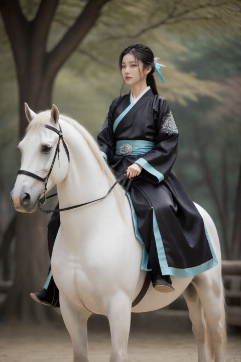  A 20-year-old woman, dressed in Hanfu, rides a white horse, holding a delicate longsword, its blade reflecting the sunlight. Her gaze is focused and resolute, and the sleeves of her Hanfu sway gently with her movements, exuding a classical charm.