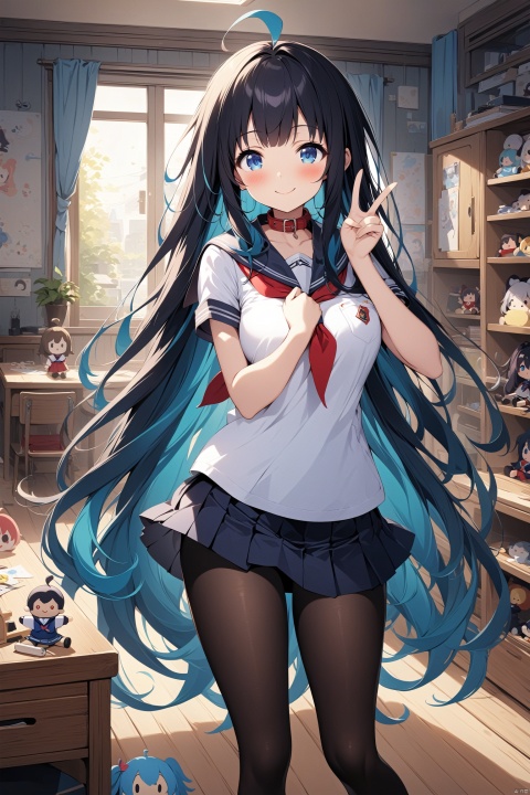  {{large masterpiece}}, stunning art, best quality, highres, extremely and beautiful detailed, extremely detailed CG unity 8k wallpaper, happy, 
\n, \n, indoors, 1girl, Fuuka_Sasaki, blue eyes, ahoge, black hair, extremely long hair, ((serafuku)), school uniform, collar, short sleeves, standing, huge breasts, black stockings, smile, closed mouth, :s, own_hands together, background, 3DIP, tr mini style, Sewing doll, Illustration