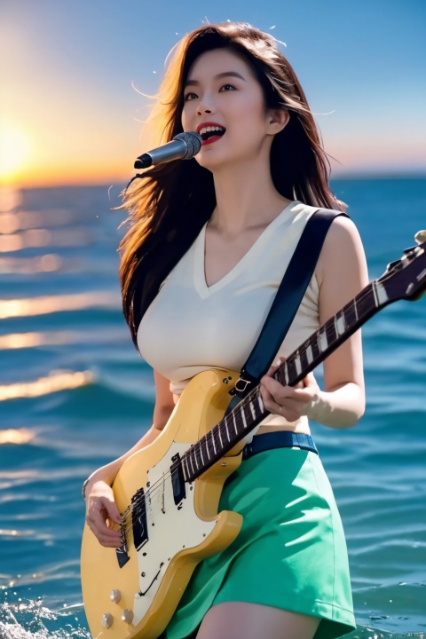  Masterpiece, (best quality, super detailed, crazy detailed: 1.2) , -SuperuHighhResolutiontion, sharp focus, perfect anatomy, cell animation, fantastic lighting) , super detailed, girPVC(pvc skirt) , wave background, splash, carrying electric guitar, playing guitar, multi-colored sea, ocean, solo, floating hair, sunset, beautiful light and shadow, Asian girl, ((poakl)), underboob