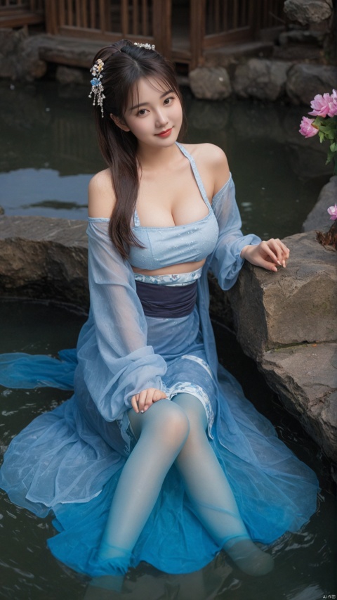  photo,Ultra-realistic,bottu,1girl,A shy smile,chinese hanfu, Bare shoulder,(best quality, masterpiece, ultra-high resolution, 4K, HDR, UHD, 64K, official art),(photorealistic, realistic),depth of field,outdoors,(night:1.3),(dim light),(onsen, flower arrangement),floating hair,long hair,dark brown hair,(full body:1.3),arms at sides,seductive pose,(wedge heels),(blue pantyhose:1.2),pencil skirt,(sitting:1.3),(large breasts),(solo_focus:1.2),looking_at_viewer,(fit and petite body, busty),(curvy:1.2),(under the water),(wet hair, wet shirt),