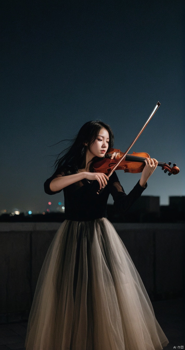  leogirl,a young girl playing the violin on the roof of a building,dark environment,in the dark,deep shadow,a very atmospheric scene,Chinese girl,slender figure,the evening breeze ruffled her hair,long black hair,blurry_foreground,depth of field,Raw photo,light through out from shadowmotion blur.Shaky Camera,flashy,dynamic posedreamy,wind,black theme,film grain,grainy,eyes closed,double exposure,tile shift,(upward perspective:1.3),(full body:1.3),flat roof,venerable roof,a cinematic atmosphere,triangular composition,(look up view:1.3),long black tulle dress,best quality,8k,hazy and beautiful,night,shoot from the bottom up,wide-angle lens,