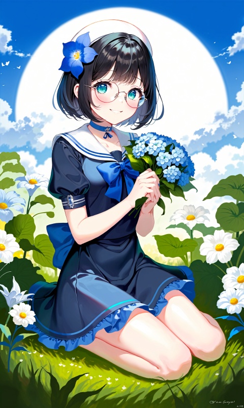  (masterpiece),(best quality),
artist mmd,[[artist AGM]],1girl,blue_bow,blue_choker,blue_flower,blue_nails,blue_ribbon,character_name,choker,copyright_name,daisy,dress,floral_background,flower,full_body,glasses,green_eyes,hat,holding,holding_flower,hydrangea,leaf,lily_\(flower\),lily_of_the_valley,lotus,morning_glory,plant,ribbon,sailor_collar,short_hair,short_sleeves,sitting,smile,solo,white_flower,white_headwear,