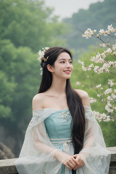  best quality, masterpiece,cowboy_shot,(Good structure),,a girl,xianjing,Off-the-shoulder, bust photo,upper body,Hanfu, Cloud, Smoke,branch,flower, smile,Gaze at the audience, Ink scattering_Chinese style, ((poakl)), ,looking_at_viewer,kind smile, , chinese dress,white dress, liuyifei,long_hair, Anne Hathaway