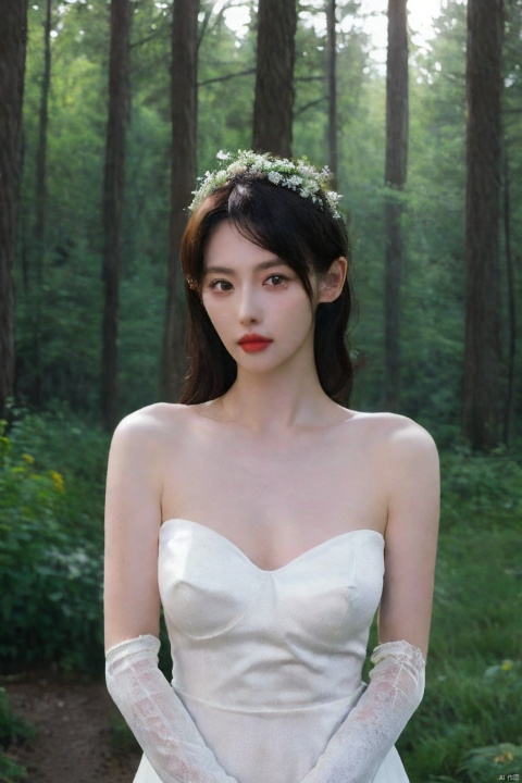  (realistic), (hyperrealism),best quality, masterpiece,ultra high res, (photorealistic:1.4),1girl,pale skin,skinny,(looking at viewer:2), ,forest, flowers, sunlight,
 , (tattered) wedding dress , bare shoulders, upper body,