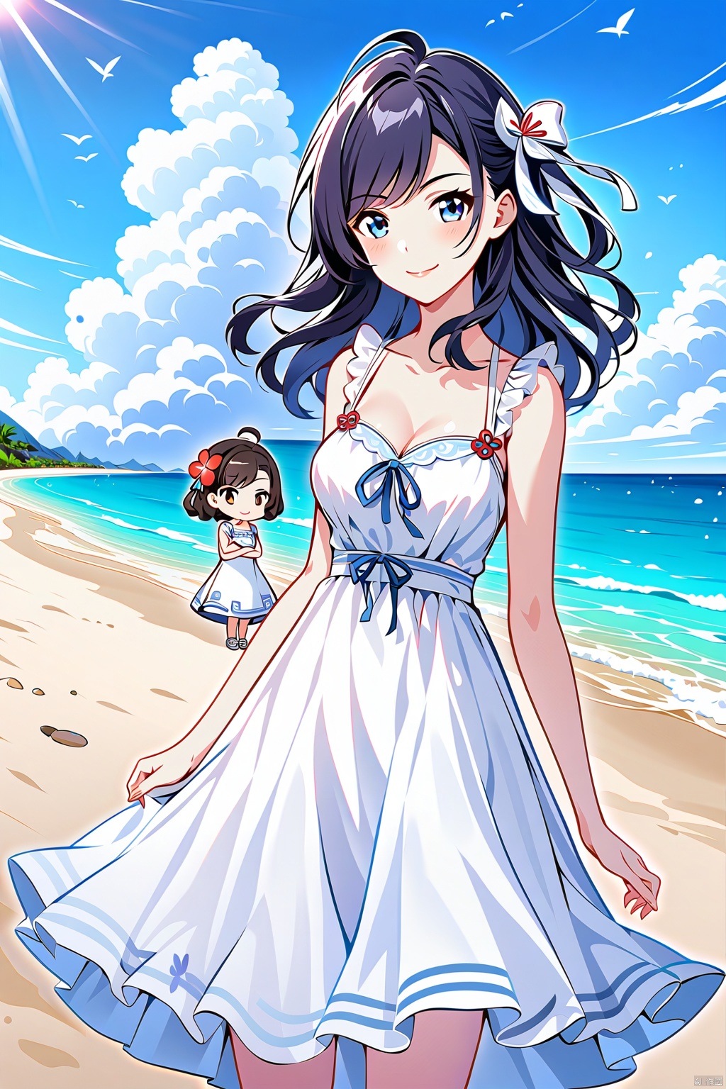  1girl, solo, dress, flower, long_hair, looking_at_viewer, white_dress, bangs, ahoge, short_sleeves, outdoors, closed_mouth, hair_between_eyes, sky, spider_lily, breasts, ribbon, pink_hair, purple_eyes, day, medium_breasts, sailor_dress, cloud, blue_sky, sailor_collar, blurry_foreground, red_flower, blurry, blush, hair_ribbon, bug, jiqing, babata, maolilan, (\MBTI\),maolilan,1girl,long hair,breasts,looking at viewer,smile,blue eyes,brown hair,dress,medium breasts,collarbone,outdoors,sky,cloud,dark skin,water,white dress,blue sky,sleeveless dress,ocean,beach,sand,sun,sundress
, 1 girl, (\shen ming shao nv\), Anne Hathaway, tr mini style