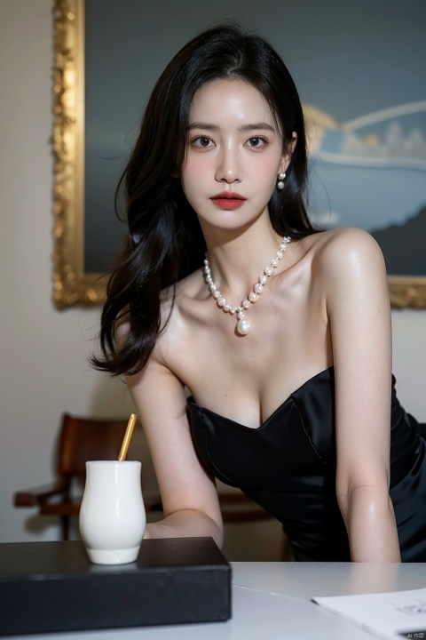 1girl,qianjin,(8k, RAW photo, best quality, masterpiece:1.3),(realistic,photo-realistic:1.37),(looking at viewer:1.331),soft light,extremely beautiful face,Random hairstyle,Random expression,big eyes,an extremely delicate and beautiful girl,depth of field,blurry background,blurry foreground,delicate,beautiful,beautiful face,beautiful eyes,beautiful girl,delicate face,delicate girl,8k wallpaper,(best quality:1.12),(detailed:1.12),(intricate:1.12),(ultra-detailed:1.12),(highres:1.12),hyper detailed,ultra-detailed,high resolution illustration,colorful,8k wallpaper,highres,Cinematic light,ray tracing,(8k, RAW photo, best quality, masterpiece, ultra highres, ultra detailed:1.2),(realistic, photo-realistic:),formal_dress,red dress,cowboy_shot,jewelry,earrings,necklace,dress,long hair,breasts,cleavage,blurry,bare shoulders,parted lips,black dress,red lips,black hair,pearl necklace,looking at viewer,blurry background,strapless dress,strapless,lips,tiara,medium breasts,upper body,lipstick,indoors,makeup,depth offield,gloves,realistic,, qianjin,yellow_footwear,high_heels,pencil_skirt,police,high heels