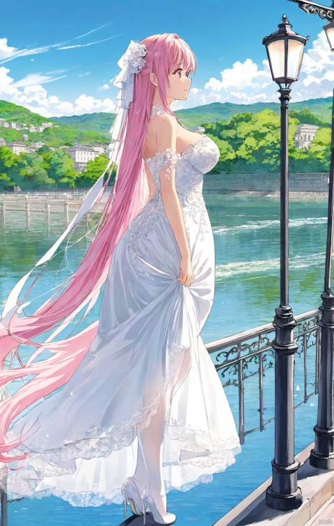  detailed manga illustration,(masterpiece_1.2),(best quality_1.2),Amazing,beautiful detailed,extremely detailed wallpaper,extrem,daytime,sky,lamppost,river,pink_hair,long_hair,uwu,white thighhighs,wedding_dress	
,mature female full body,big breasts	
