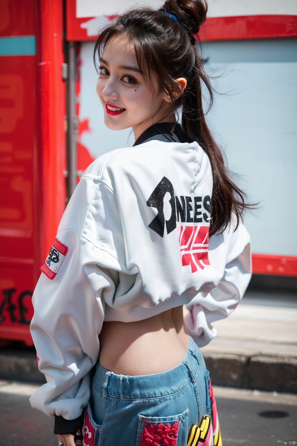  front, illustration, best quality, ultra-detailed, super detailed skin,cute, lovely, extremely detailed,8K,solo,1girl, detailed background,urban, night,dynamic angle,beautiful eyes,blash,smile,(streetwear:1.5),street style ,(emphasis splatter ),splatter,graffiti,spraycan,motion,navel,(croptop:0.8),(ear piercing:0.7),two-tone hair color,(cool),(HDR:1),wind
,(jitome:1.2),perfect hand,active,RETRO ART STYLE, NEON_POP ART STYLE, ART STYLE, hands behind back, yunqing, newspaper