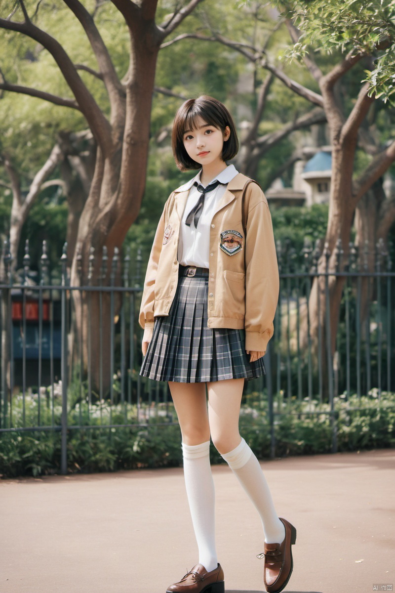  masterpiece,bestquality,realistic,8k,officialart,ultrahighres
,kawaii,cute,school uniforms,1girl,short hair,cowboy shot, white Thigh-high socks,jk,white socks,loafers ,black_footwear,serafuku,outdoors,disneyland,standing,upper body,cowboy shot,brown jacket,plaid skirt,pleated skirt,black loafers,slim legs,perfect body,shapely body,slender,half body