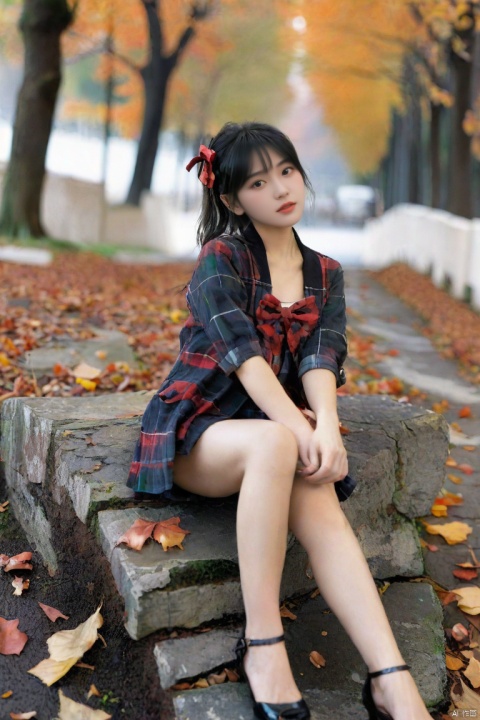  masterpiece, best quality, official art, model sheet, concept art, chinese girls, Large aperture, blurry background,(Perfect female body:1.2),(dark theme:1.3),(natural Skin texture, high clarity) ,
1girl, solo, looking at viewer, sitting, full body, strappy heels,plaid shirt, short sleeves,jacket, bow, bangs, low ponytail, black hair, ((autumn, outdoors, day, forest, falling leaves, bird, leaf)), (fog, dyntall effect), (wide shot, panorama, full body, depth of field),(Flagstone road,branches), g005,g004,,,,<lora:660447824183329044:1.0>