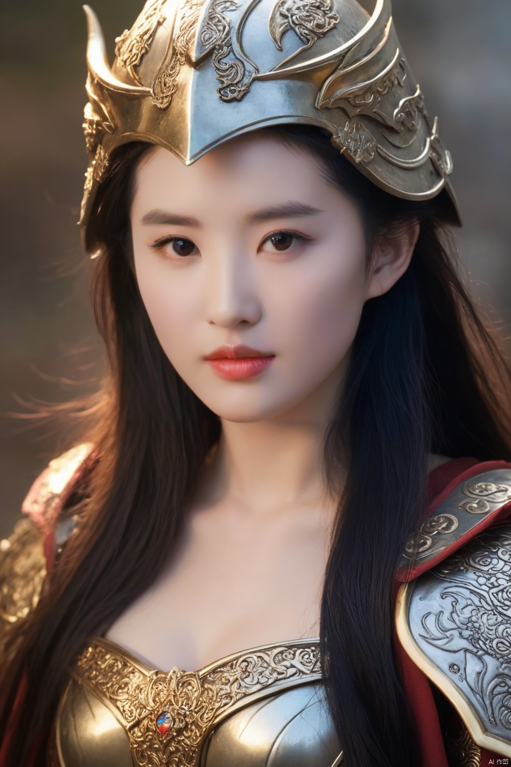  (masterpiece:1.1), (best quality:1.1),(ultra-detailed:1.1), realistic,best fingers,magnificent, epic,fantasy art, cover art, dreamy,cinematic,rich deep colors,creative, perfect, beautiful composition, intricate, perfect eyes, detailed a chinese girl, Large breasts, Chinese_armor, Women's armor,upper_body,helmet,shoulder_armor,looking at viewer,cloak, black hair,sunlight,cape,sunset,liuyifei