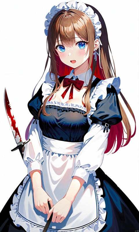  1girl, solo, blood, blue eyes, long hair, knife, apron, holding, brown hair, maid, long sleeves, blood on face, holding knife, looking at viewer, bow, dress, earrings, jewelry, maid apron, black dress, bangs, puffy sleeves, bowtie, white apron, breasts, frills, white bowtie, open mouth, holding weapon, weapon, white bow, blood on clothes, shadow, juliet sleeves, frilled apron, upper body