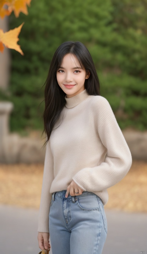  1girl, smiling,Realistic movie lighting,grey turtleneck sweater(((skindentation),(skin tight)),ultradetailed,8K,detailed face,photorealistic,1girl,long hair,solo,fullbody,complex background, look at the viewer, detailedbackground,sweating details,realistic, fullbody,long legs,real,Lacrimal nevus,realism, Delicate glowing skin,masterpiece,bestquality,distant view,depth of field,dynamic perspective,Perfectly proportioned figure,Detailed skin description, black jeans,street,daytime,good weather,Disneyland Park in the background, autumn yellow leaves