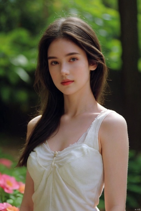  (realistic), (hyperrealism),best quality, masterpiece,ultra high res, (photorealistic:1.4),1girl,pale skin,skinny,(looking at viewer:2), ,forest, flowers, sunlight,
 , (tattered) wedding dress , bare shoulders, upper body,