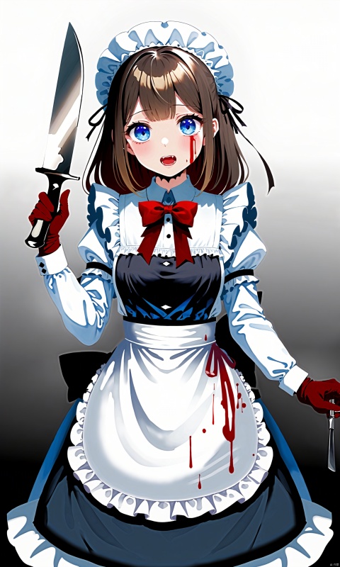  1girl, solo, blood, blue eyes, long hair, knife, apron, holding, brown hair, maid, long sleeves, blood on face, holding knife, looking at viewer, bow, dress, earrings, jewelry, maid apron, black dress, bangs, puffy sleeves, bowtie, white apron, breasts, frills, white bowtie, open mouth, holding weapon, weapon, white bow, blood on clothes, shadow, juliet sleeves, frilled apron, upper body