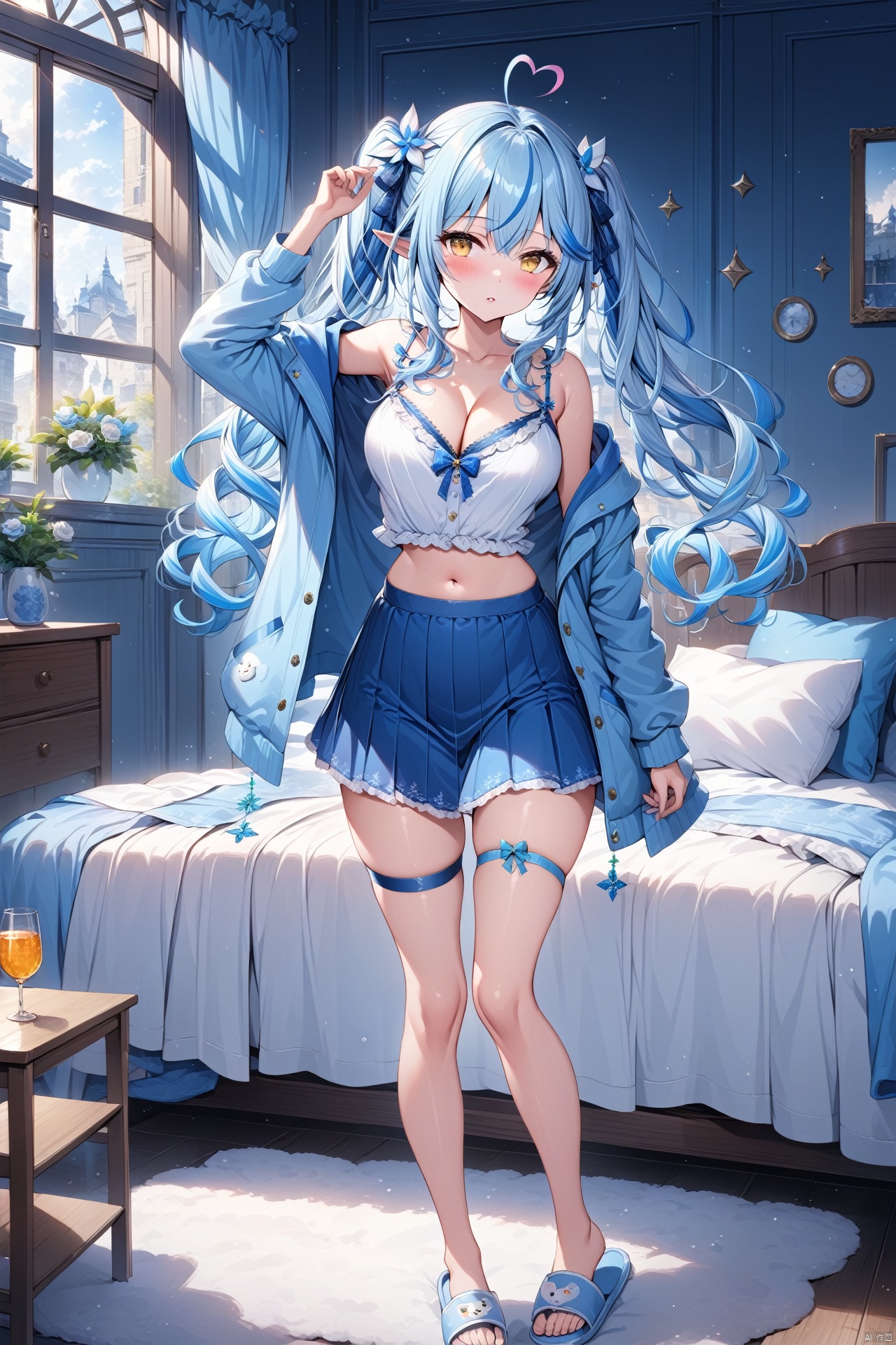  (masterpiece),(best quality),illustration,ultra detailed,hdr,Depth of field,(colorful),best quality, Artist rin yuu, 1girl, solo, slippers, long hair, breasts, yukihana lamy, camisole, large breasts, heart, ahoge, skirt, blue hair, virtual youtuber, looking at viewer, yellow eyes, thigh strap, full body, navel, blush, frills, pointy ears, blue skirt, cleavage, twintails, cup, hair ornament, arm up, heart ahoge, open clothes, standing, midriff, pillow, long sleeves, drinking glass, pajamas, blue theme, jacket, ribbon, streaked hair, hair ribbon, window, multicolored hair, parted lips, tr mini style, 3DIP