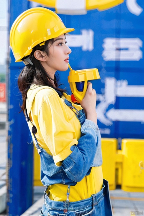  A worker, wearing blue overalls and a yellow helmet