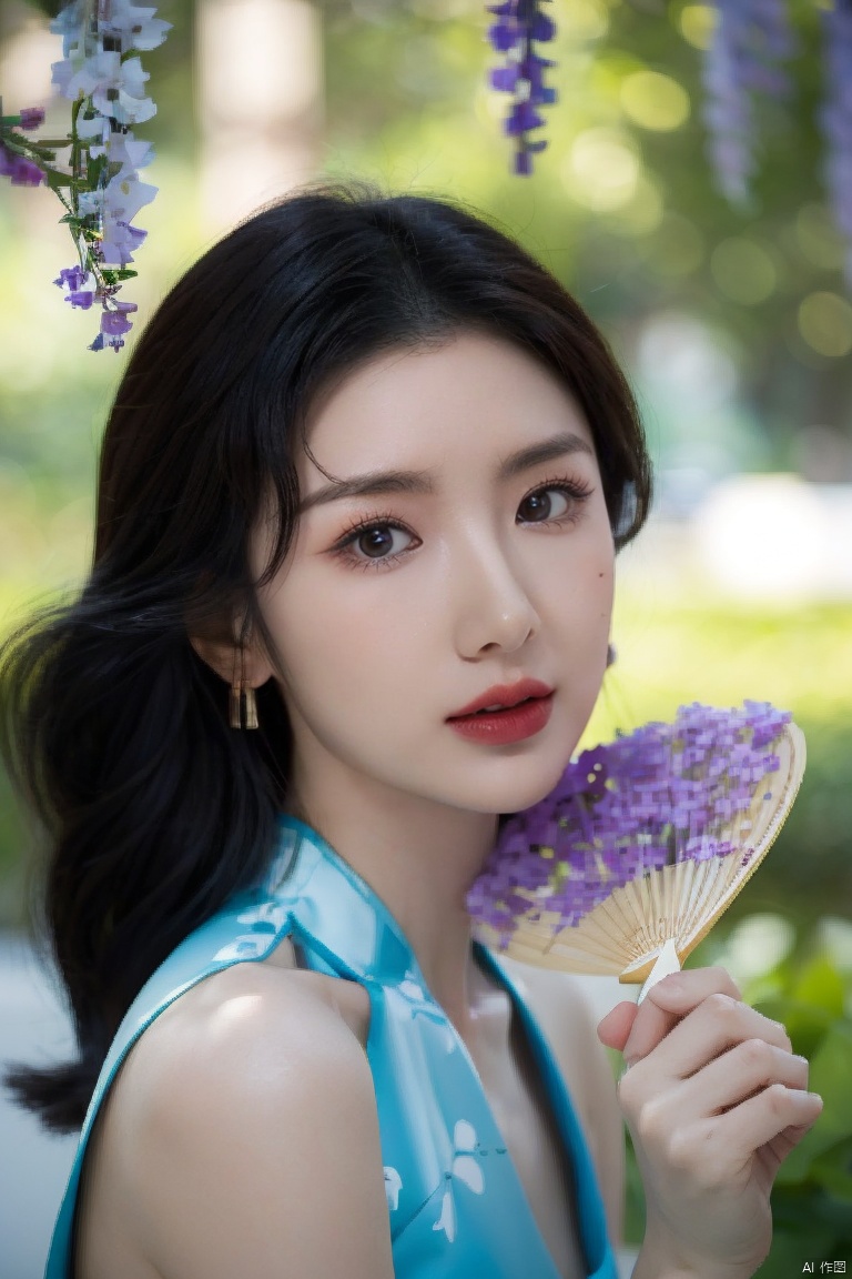 1girl, blurry, blurry_background, blurry_foreground, depth_of_field, motion_blur, hand_fan, bokeh, photo_\(medium\), solo, dress, chinese_clothes, black_hair, earrings, lips, 3d, photo_background, holding, focused, jewelry, wisteria, holding_fan, looking_at_viewer, photorealistic, china_dress,extremely detailed CG unity 8k wallpaper,masterpiece, best quality, ultra-detailed, beautiful detailed eyes:1.2,best illumination, (best shadow, an extremely delicate and beautiful, bloom),best quality, masterpiece, highres, original, extremely detailed wallpaper, perfect lighting,(extremely detailed CG:1.2), drawing, paintbrush,, 