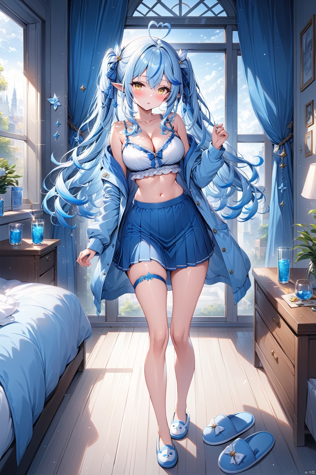  (masterpiece),(best quality),illustration,ultra detailed,hdr,Depth of field,(colorful),best quality, Artist rin yuu, 1girl, solo, slippers, long hair, breasts, yukihana lamy, camisole, large breasts, heart, ahoge, skirt, blue hair, virtual youtuber, looking at viewer, yellow eyes, thigh strap, full body, navel, blush, frills, pointy ears, blue skirt, cleavage, twintails, cup, hair ornament, arm up, heart ahoge, open clothes, standing, midriff, pillow, long sleeves, drinking glass, pajamas, blue theme, jacket, ribbon, streaked hair, hair ribbon, window, multicolored hair, parted lips, tr mini style, 3DIP