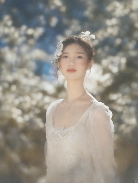  Realistic, masterpiece, highest quality, high resolution, extreme details, 1 girl, solo, bun, headdress, delicate eyes, beautiful face, shallow smile, delicate necklace, suspender dress, white lace dress, light gauze, snow-white skin, delicate skin texture, silver bracelet, pantyhose, high heels, elegant standing, outdoor, blue sky, white clouds, flowers, flowers, grass, movie light, light, light tracking, (Nikon AF-S 105mm f / 1.4E ED),