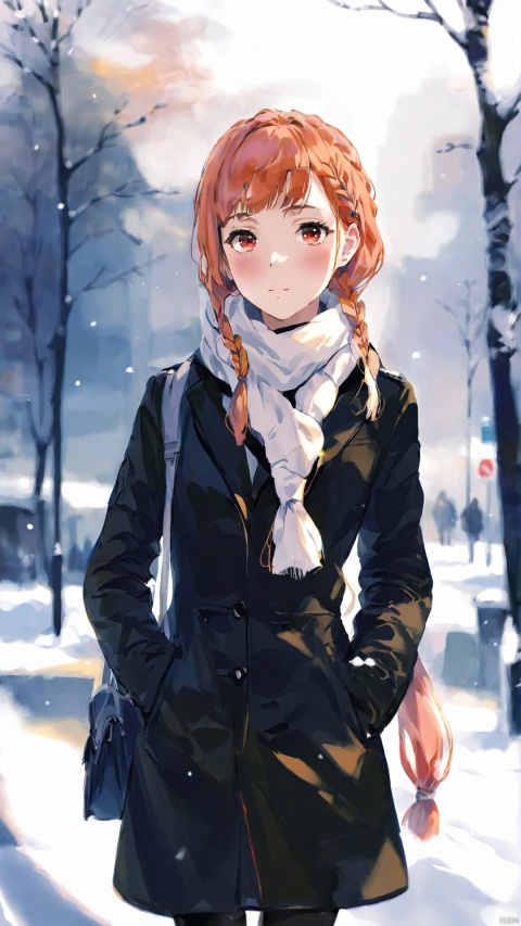  masterpiece, best quality,nai3,1girl, solo, scarf, white scarf, long hair, looking at viewer, braid, backpack, bangs, bag, coat, upper body, blush, thick eyebrows, winter clothes, red eyes, outdoors, blurry, breath, blurry background, hands in pockets, covered mouth, short eyebrows, winter, orange hair, hood, scarf over mouth, single braid, long sleeves, blunt bangs, black coat, pink hair, winter coat, red hair, Illustration