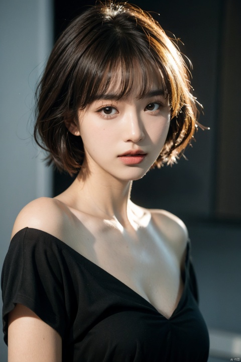  1 girl, looking at the audience alone, Flecks, shadows, short hair, Bangs, brown hair, black hair, bare shoulders, upper body, parted lips, lips, portraits, nose