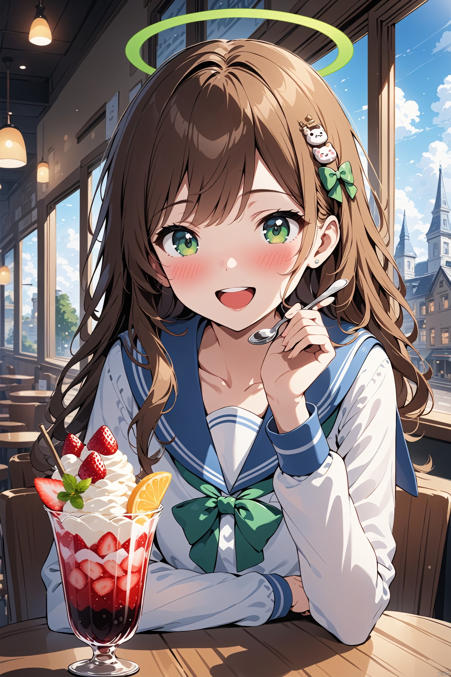  masterpiece,best quality,high quality,(colorful), 1girl, solo, drinking straw, halo, food, parfait, indoors, food-themed hair ornament, school uniform, brown hair, cup, holding, long hair, sailor collar, open mouth, blush, long sleeves, ice cream, hair ornament, restaurant, green eyes, smile, serafuku, window, white shirt, spoon, table, bow, fruit, blue sailor collar, shirt, sitting, upper teeth only, drinking glass, holding spoon, ice, teeth, building, ice cube, green halo, :d, drink, upper body, day, collarbone, strawberry, glass, bowtie, cafe, ice cream float, green bow, tr mini style, Illustration, 3DIP