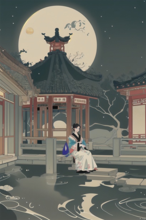  masterpiece,best quality,chinese painting,As the night falls, a girl sits alone in her modest study, gently stroking a yellowed scroll of poetry. Outside the window, the moonlight pours like water, casting his solitary figure on the courtyard's bluestone slabs. His gaze passes through the window, fixated on the bright moon, as endless longing for his distant kin fills his heart., chinese style