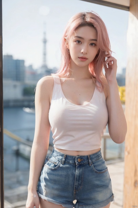  1 girl, (8k, original photo, best quality, Masterpiece: 1.3), (realistic, realistic: 1.37), (daytime), (Looking at the audience: 1.331), Posing, (Tokyo Tower:1.4), ((Daytime City View)), (Real city),((Clear background)), soft light, 1 girl, extremely beautiful face, ((Perfect lively breasts)), (Big boobs:1.5),(Bare cleavage:1.2), put down hands, random hairstyle, (Long light pink hair:1.5), random expression, big eyes, small belly,((((White short tank top)))), ((((Light blue denim short shorts)))), mix4, an extremely delicate and beautiful girl, beautiful face,beautiful eyes, beautiful girl, 8k wallpaper, (best quality: 1.12), (Detailed: 1.12), (Complex: 1.12), (Ultra Detailed: 1.12), (Advanced: 1.12), Ultra Detailed, Ultra Detailed, High Resolution Illustration, Color, 8k wallpaper, highres, Movie Light, Ray Tracing, (8k, Original photo, best Quality, Masterpiece, Ultra High, Ultra Detailed: 1.2), ((realistic, photo-realistic)),yuzu