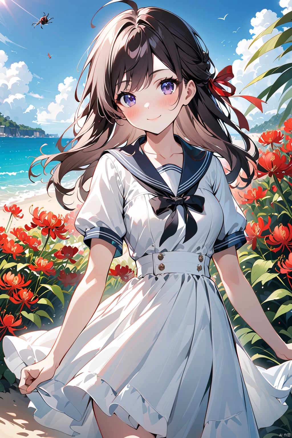  1girl, solo, dress, flower, long_hair, looking_at_viewer, white_dress, bangs, ahoge, short_sleeves, outdoors, closed_mouth, hair_between_eyes, sky, spider_lily, breasts, ribbon, pink_hair, purple_eyes, day, medium_breasts, sailor_dress, cloud, blue_sky, sailor_collar, blurry_foreground, red_flower, blurry, blush, hair_ribbon, bug, jiqing, babata, maolilan, (\MBTI\),maolilan,1girl,long hair,breasts,looking at viewer,smile,blue eyes,brown hair,dress,medium breasts,collarbone,outdoors,sky,cloud,dark skin,water,white dress,blue sky,sleeveless dress,ocean,beach,sand,sun,sundress
, 1 girl, (\shen ming shao nv\), Anne Hathaway, tr mini style