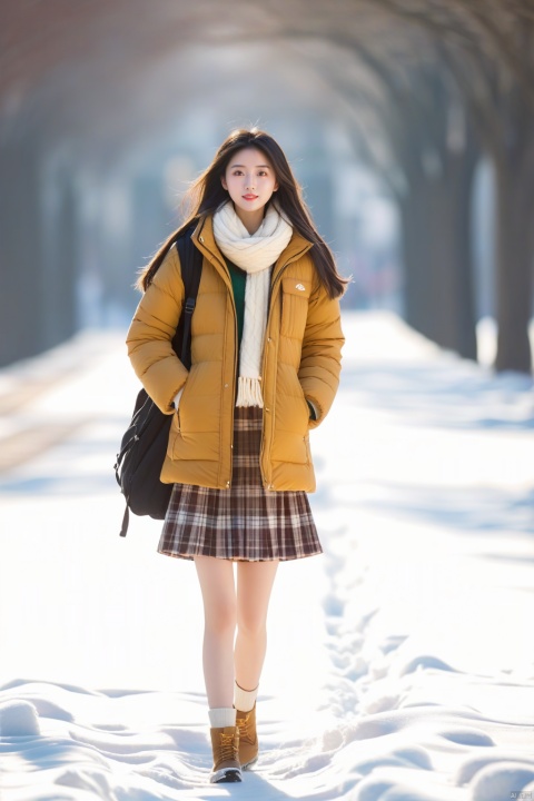 1girl,long hair, Winter clothing, college style,plaid skirt,full body,thick coat, cotton-padded jacket, plaid scarf, on the way home, snow, snow,outdoor,Master lens, golden ratio composition, (Canon 200mm f2.8L) shooting, large aperture, background blur., chinese woman,sunlight.