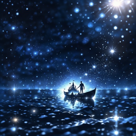 Dot Mat Hologram,isolated dark background,silhouette,backlit,Castle,
a man in a boat floating in the ocean,Night,Sparkling on the sea beautiful,fantasy scene