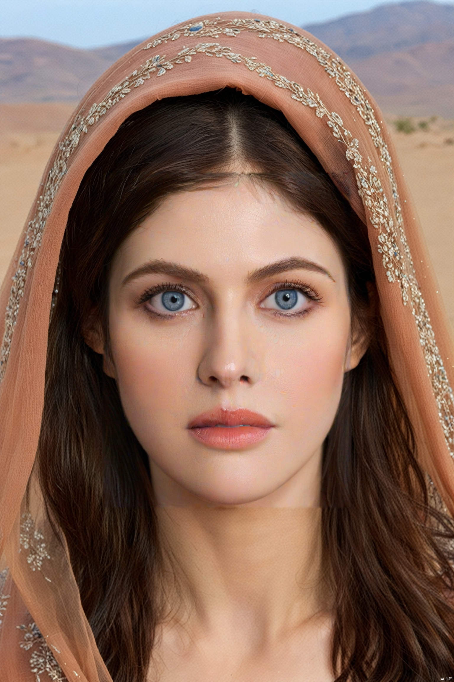 This image shows a close-up of an ethereal-looking young woman with long dark hair falling over her shoulders, blue eyes, her head adorned with a transparent scarf or veil, with the desert in the background, her The complexion was impeccable, with earthy tones on the lids and soft peach on the lips complementing the subtle makeup. She rests her face gently on her hands, exudes calm and poise, wears a burgundy embroidered gown, photo realistic, best quality, super high resolution, extremely detailed eyes and face, full body showing face audience,Alexandra Daddario