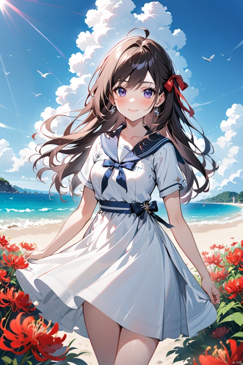  1girl, solo, dress, flower, long_hair, looking_at_viewer, white_dress, bangs, ahoge, short_sleeves, outdoors, closed_mouth, hair_between_eyes, sky, spider_lily, breasts, ribbon, pink_hair, purple_eyes, day, medium_breasts, sailor_dress, cloud, blue_sky, sailor_collar, blurry_foreground, red_flower, blurry, blush, hair_ribbon, bug, jiqing, babata, maolilan, (\MBTI\),maolilan,1girl,long hair,breasts,looking at viewer,smile,blue eyes,brown hair,dress,medium breasts,collarbone,outdoors,sky,cloud,dark skin,water,white dress,blue sky,sleeveless dress,ocean,beach,sand,sun,sundress
, 1 girl, (\shen ming shao nv\), Anne Hathaway, tr mini style