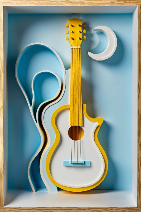 (wood sculpture minimalistic abstract scene with a guitar in white and light blue with little accent of yellow), abstract, 3d render, strong, intricate details, (masterpiece)
paper cut, woodfigurez