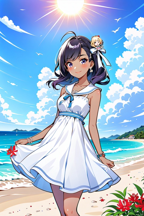  1girl, solo, dress, flower, long_hair, looking_at_viewer, white_dress, bangs, ahoge, short_sleeves, outdoors, closed_mouth, hair_between_eyes, sky, spider_lily, breasts, ribbon, pink_hair, purple_eyes, day, medium_breasts, sailor_dress, cloud, blue_sky, sailor_collar, blurry_foreground, red_flower, blurry, blush, hair_ribbon, bug, jiqing, babata, maolilan, (\MBTI\),maolilan,1girl,long hair,breasts,looking at viewer,smile,blue eyes,brown hair,dress,medium breasts,collarbone,outdoors,sky,cloud,dark skin,water,white dress,blue sky,sleeveless dress,ocean,beach,sand,sun,sundress
, 1 girl, (\shen ming shao nv\), Anne Hathaway, tr mini style