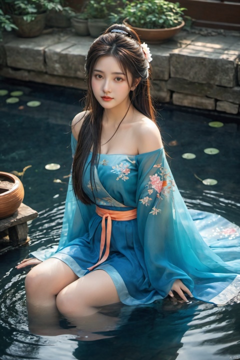  photo,Ultra-realistic,bottu,1girl,A shy smile,chinese hanfu,Bare shoulder,best quality, masterpiece, ultra-high resolution, HDR, UHD, 64K, official art,(photorealistic), (realistic),depth of field,outdoors,(night),(dim light),(onsen, flower arrangement),floating hair,long hair,dark brown hair,(full body),arms at sides,seductive pose,(wedge heels),(blue pantyhose),pencil skirt,(sitting),(large breasts),(solo_focus),looking_at_viewer,(fit and petite body, busty),(curvy),(under the water),(wet hair, wet shirt),