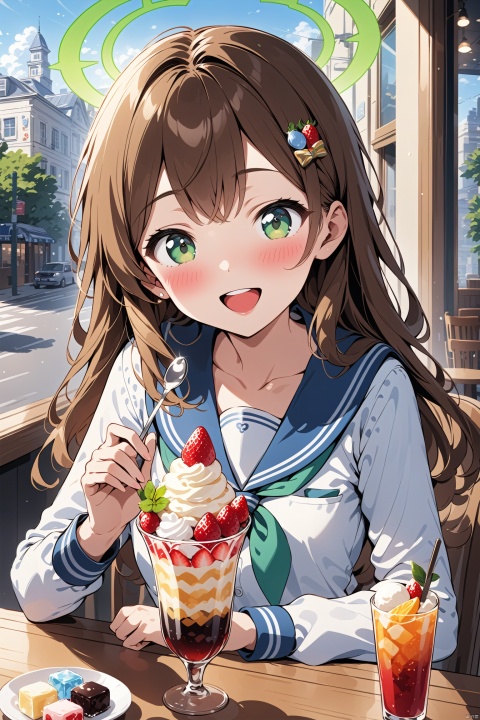  masterpiece,best quality,high quality,(colorful), 1girl, solo, drinking straw, halo, food, parfait, indoors, food-themed hair ornament, school uniform, brown hair, cup, holding, long hair, sailor collar, open mouth, blush, long sleeves, ice cream, hair ornament, restaurant, green eyes, smile, serafuku, window, white shirt, spoon, table, bow, fruit, blue sailor collar, shirt, sitting, upper teeth only, drinking glass, holding spoon, ice, teeth, building, ice cube, green halo, :d, drink, upper body, day, collarbone, strawberry, glass, bowtie, cafe, ice cream float, green bow, tr mini style, Illustration, 3DIP