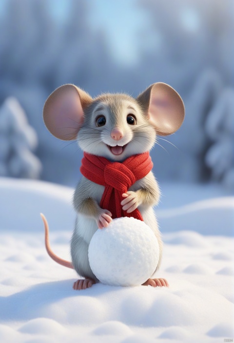  A cute cartoon mouse sits in the snow, wearing a red scarf and holding a big snowball, ready to have a snowball fight with friends.