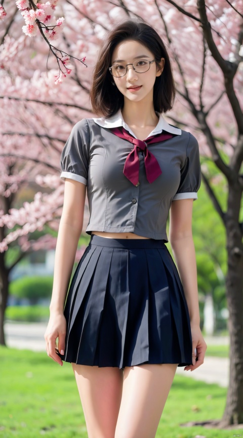  Best Quality, masterpiece, 16K, JK, uniform, 1 girl, glasses, blonde short hair, school uniform, pink skirt, sneakers, body, outdoor, petals falling, cherry blossom background, sports blurred background